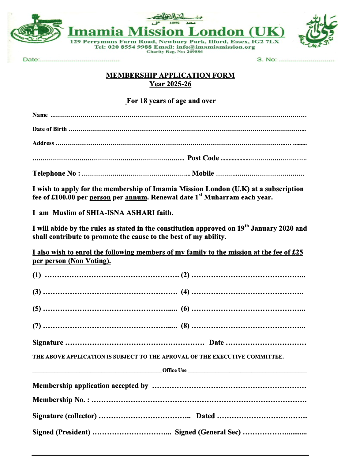 Membership Form Front